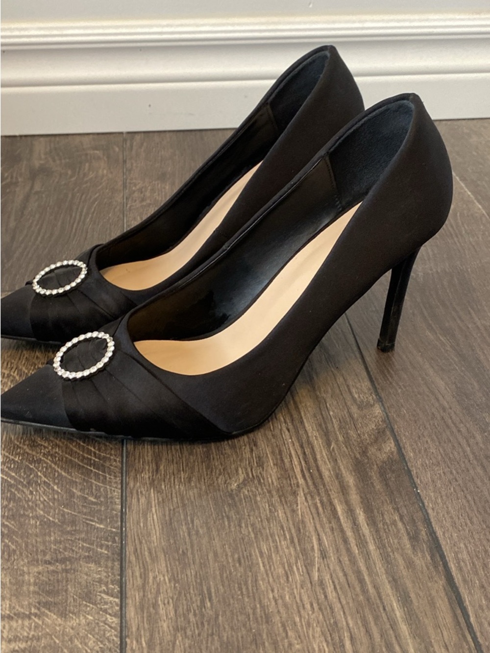 Black Satin Pointed-Toe Heels with Rhinestone Buckle